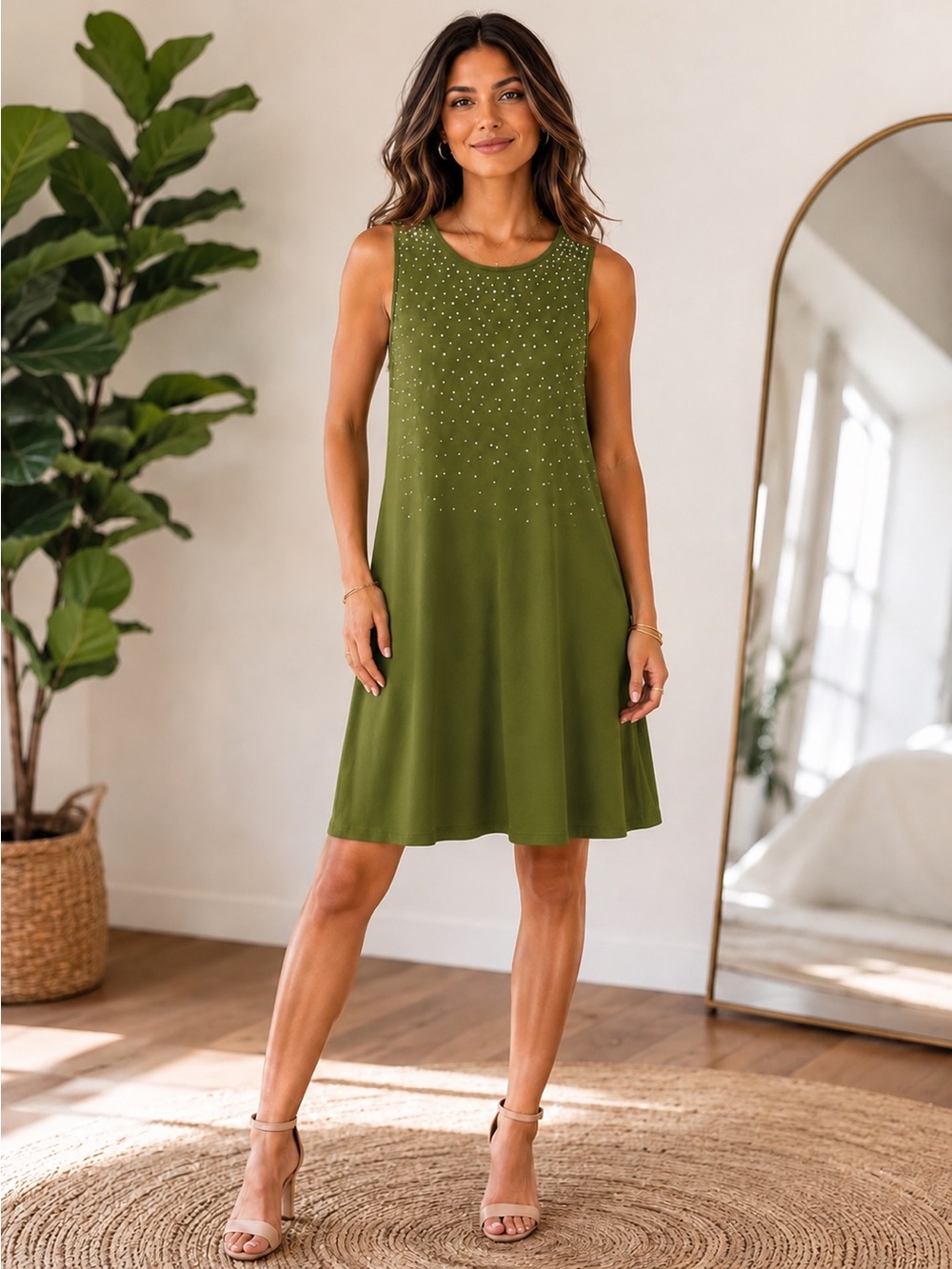 Ava & Grace Olive Green Sleeveless Rhinestone Midi Dress